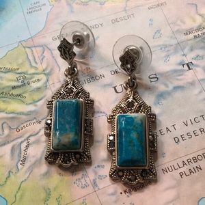 Turquoise Marcasite Pierced Earrings Missing Stone